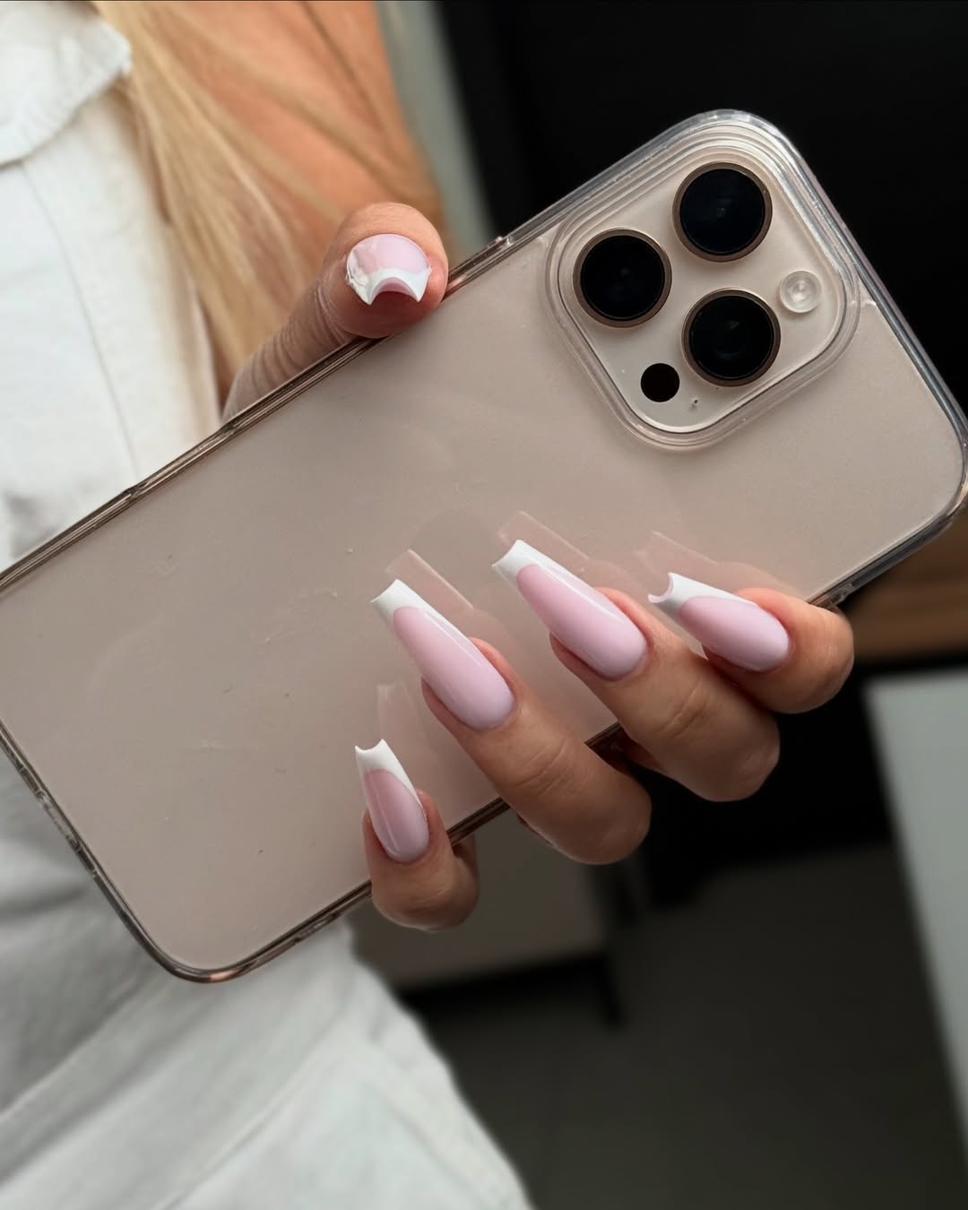 Classic French Tip Ballerina Nails with Pink Base