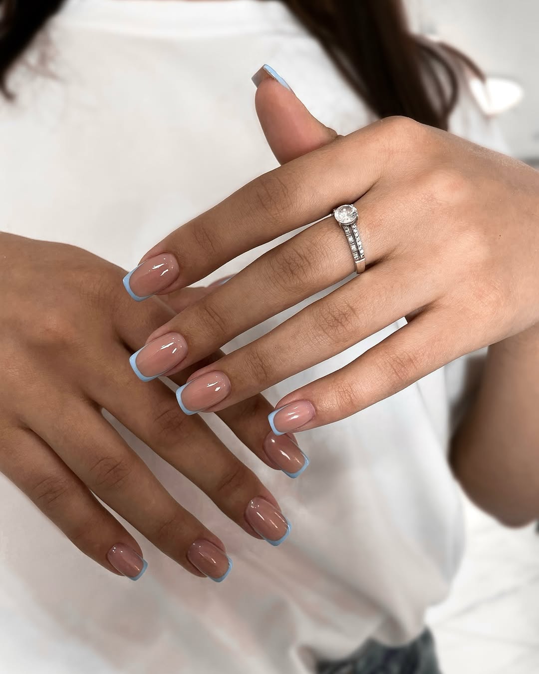 Classic French Tip with Baby Blue Accents