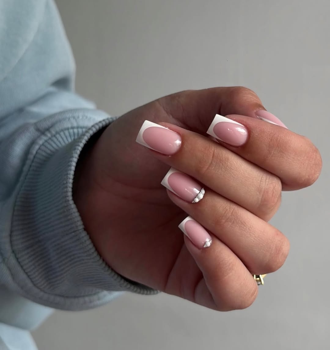 Classic French Tips with Pearl Accents