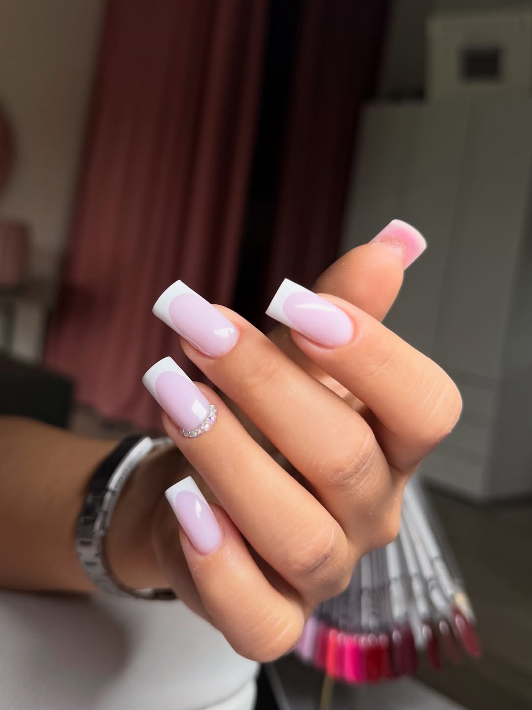 Classic Milky Pink French Tips With Rhinestone Accent