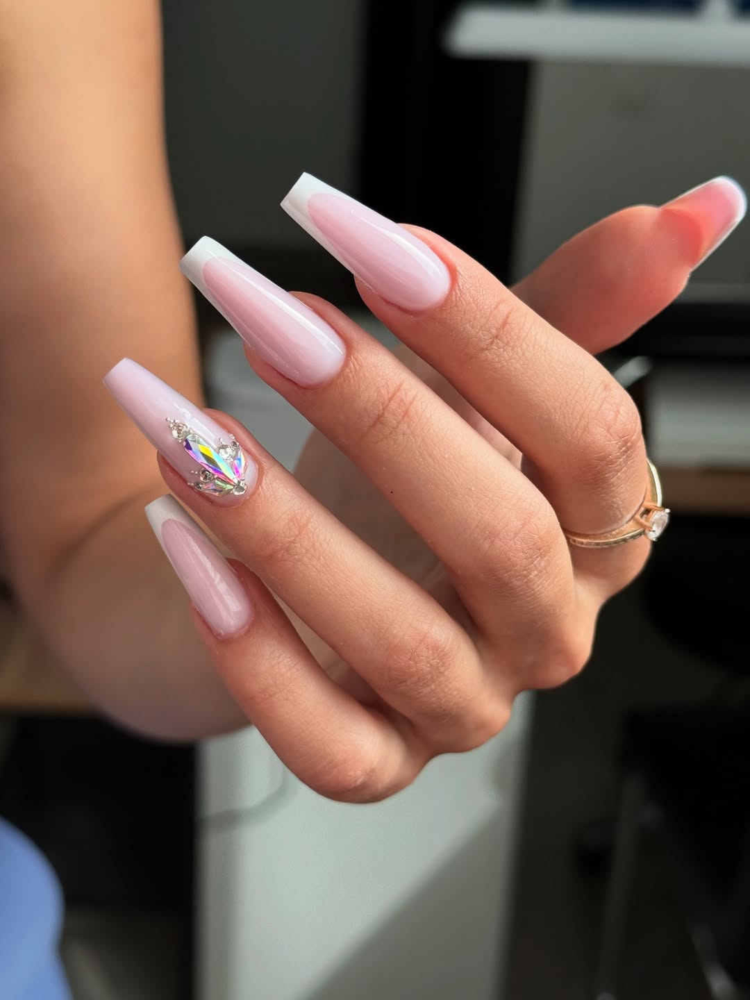 Classic Pink French Ballerina Nails with Rhinestone Accent