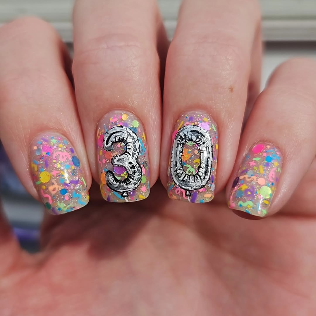 Clear Glitter Balloon Number Short Square Nails