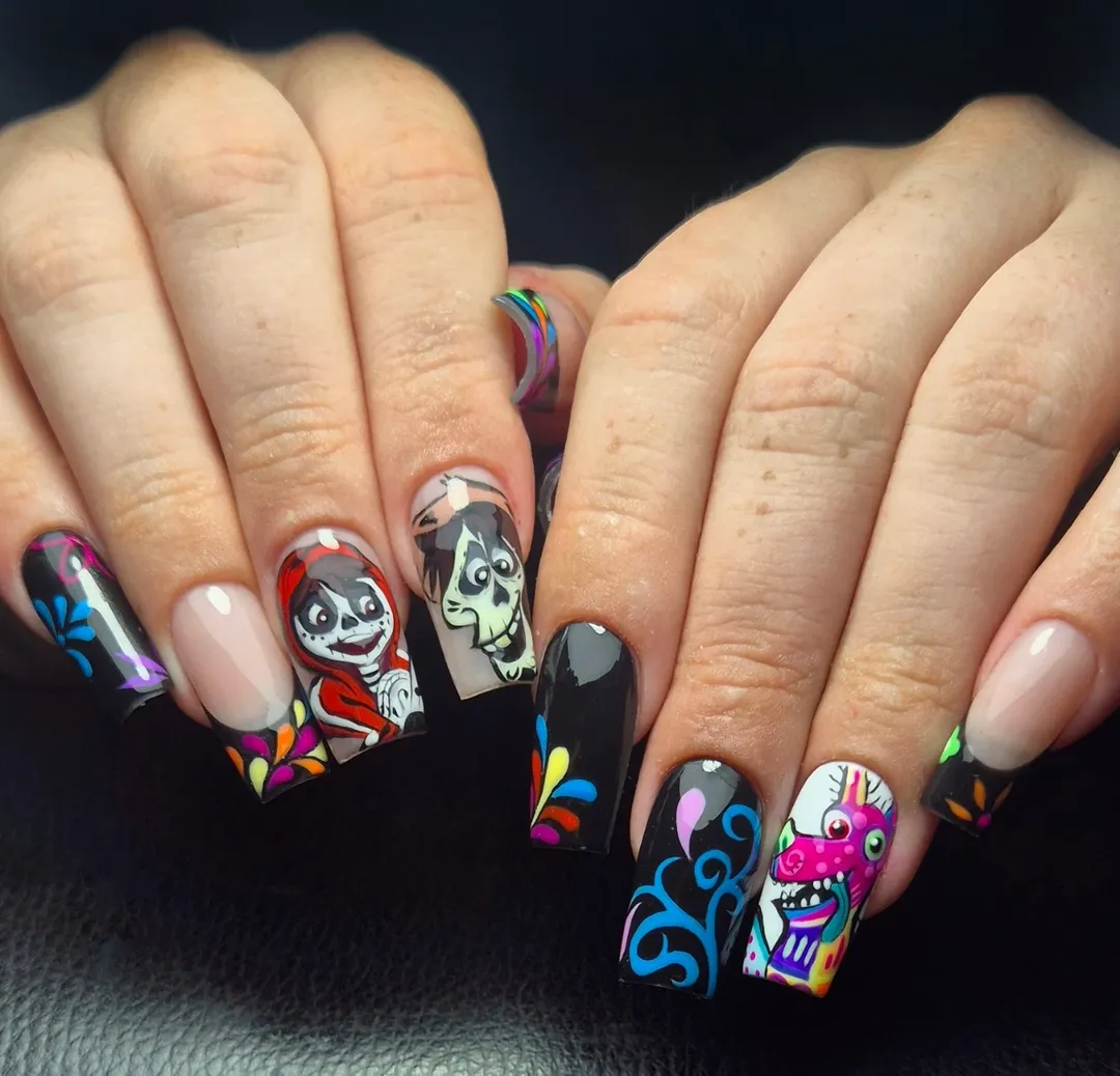 Coco Day of the Dead Characters With Floral French Tips