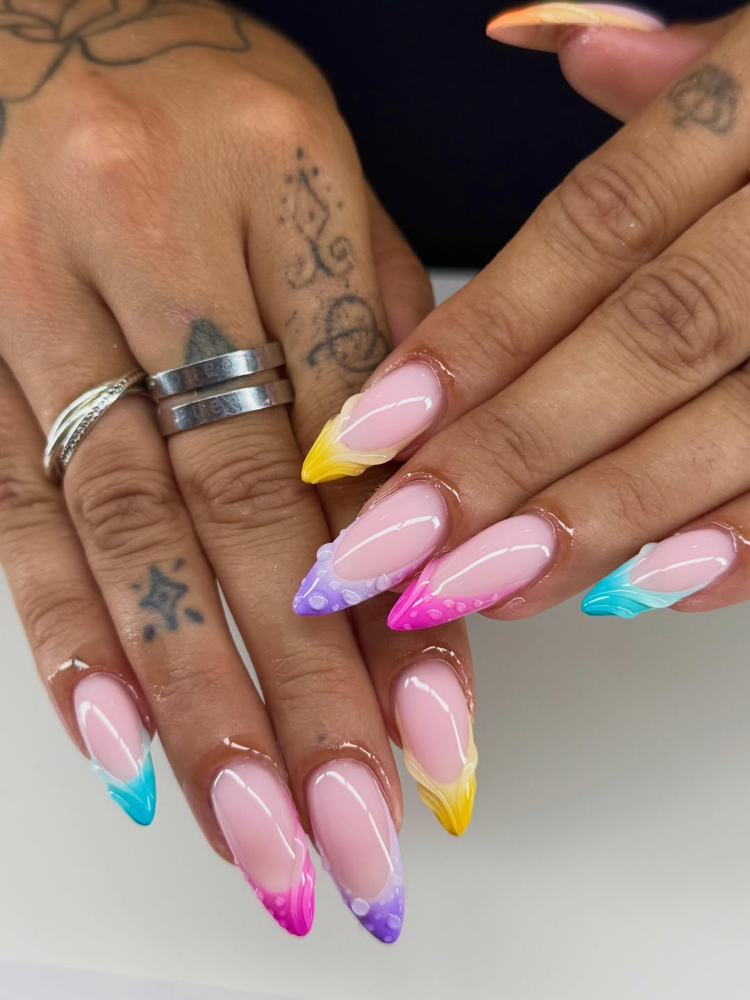 Colorful Ombre French Tips with 3D Raindrop Accents