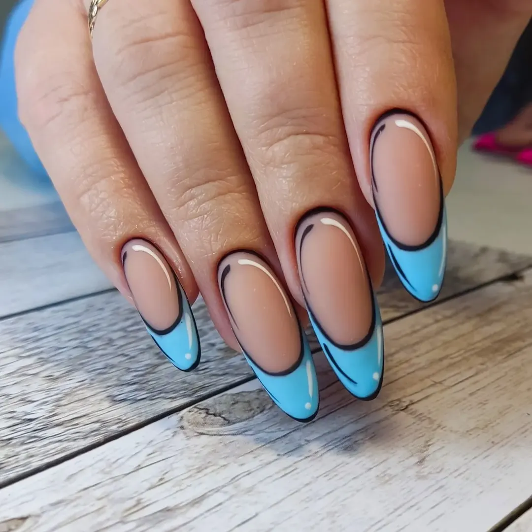 Comic Book Blue French Tip Almond Nails