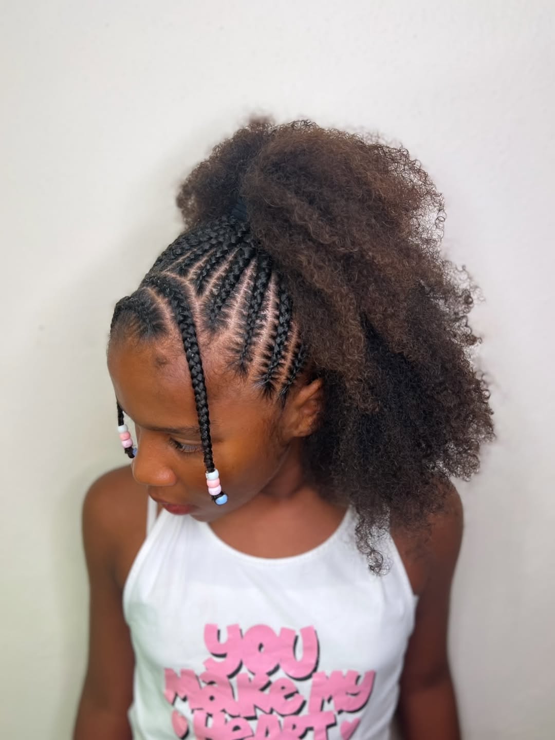 Cornrows Into High Curly Ponytail With Beads