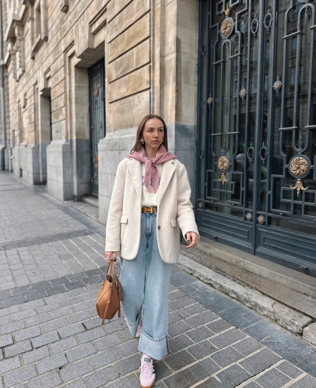 Cream Teddy Blazer With Wide Leg Jeans