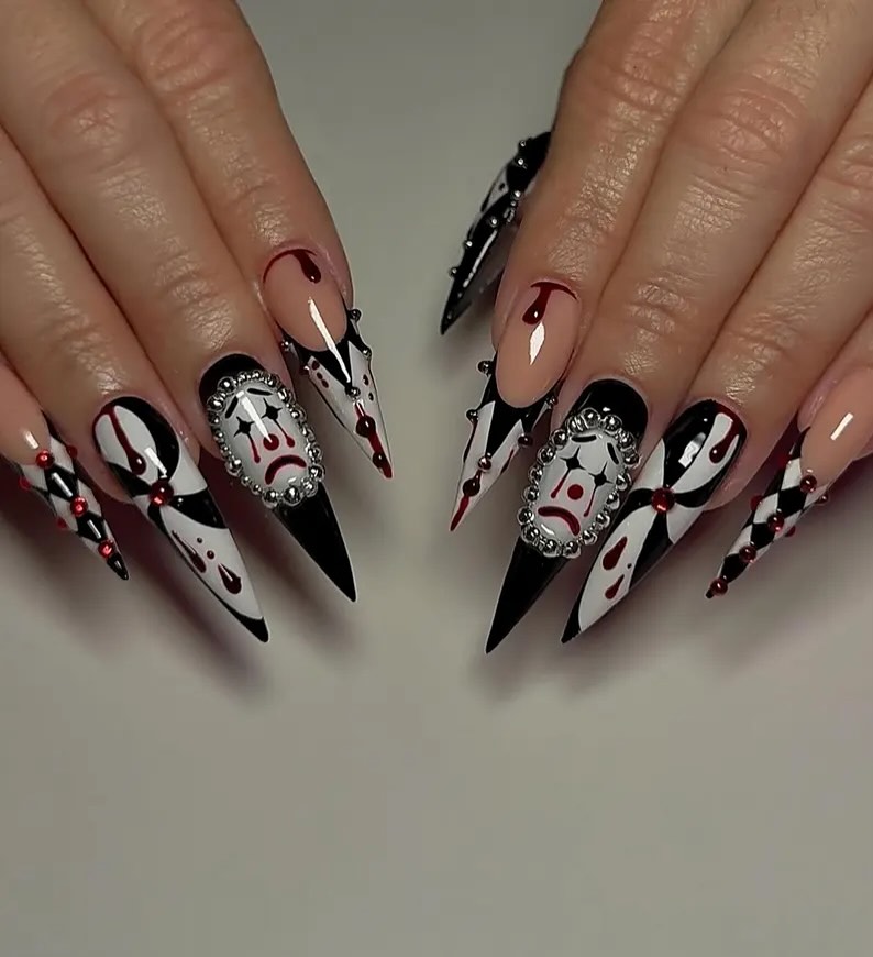 Creepy Clown Stiletto Nails with Rhinestone Charms
