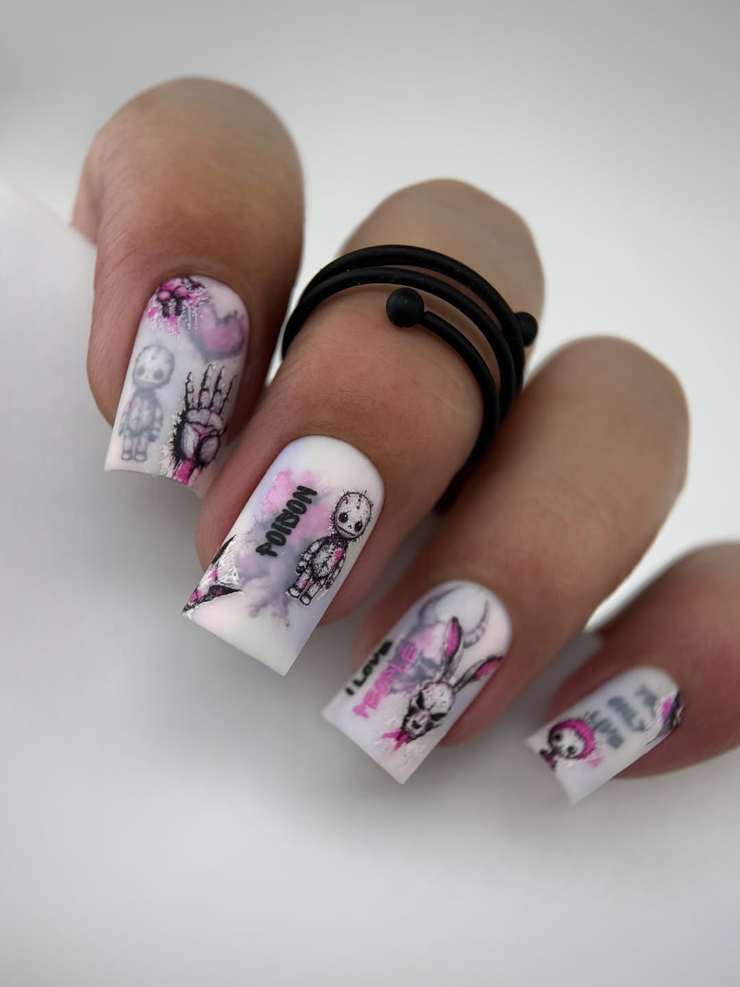 Creepy Doll and Bunny Art Square Nails