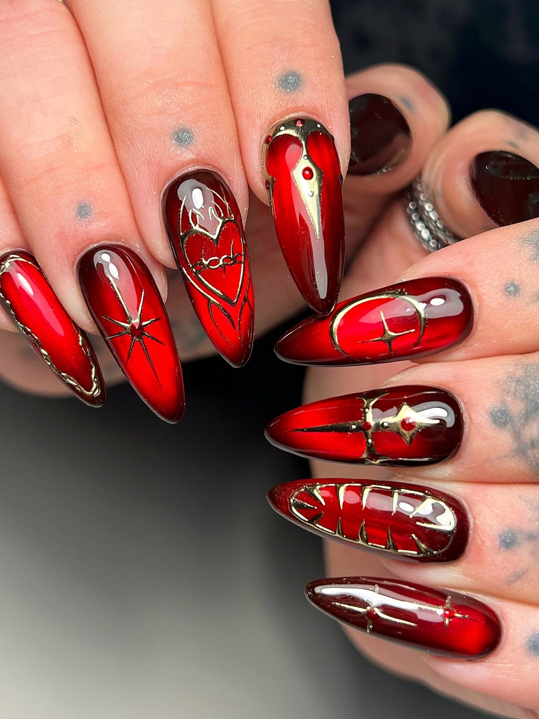 Crimson Ombre Gothic Heart Stiletto Nails