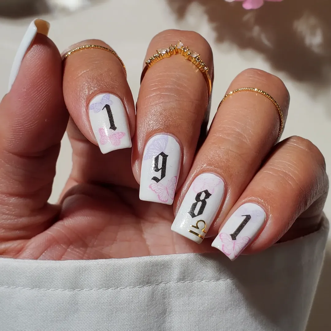 Custom Birthday Year White Butterfly Squoval Nails