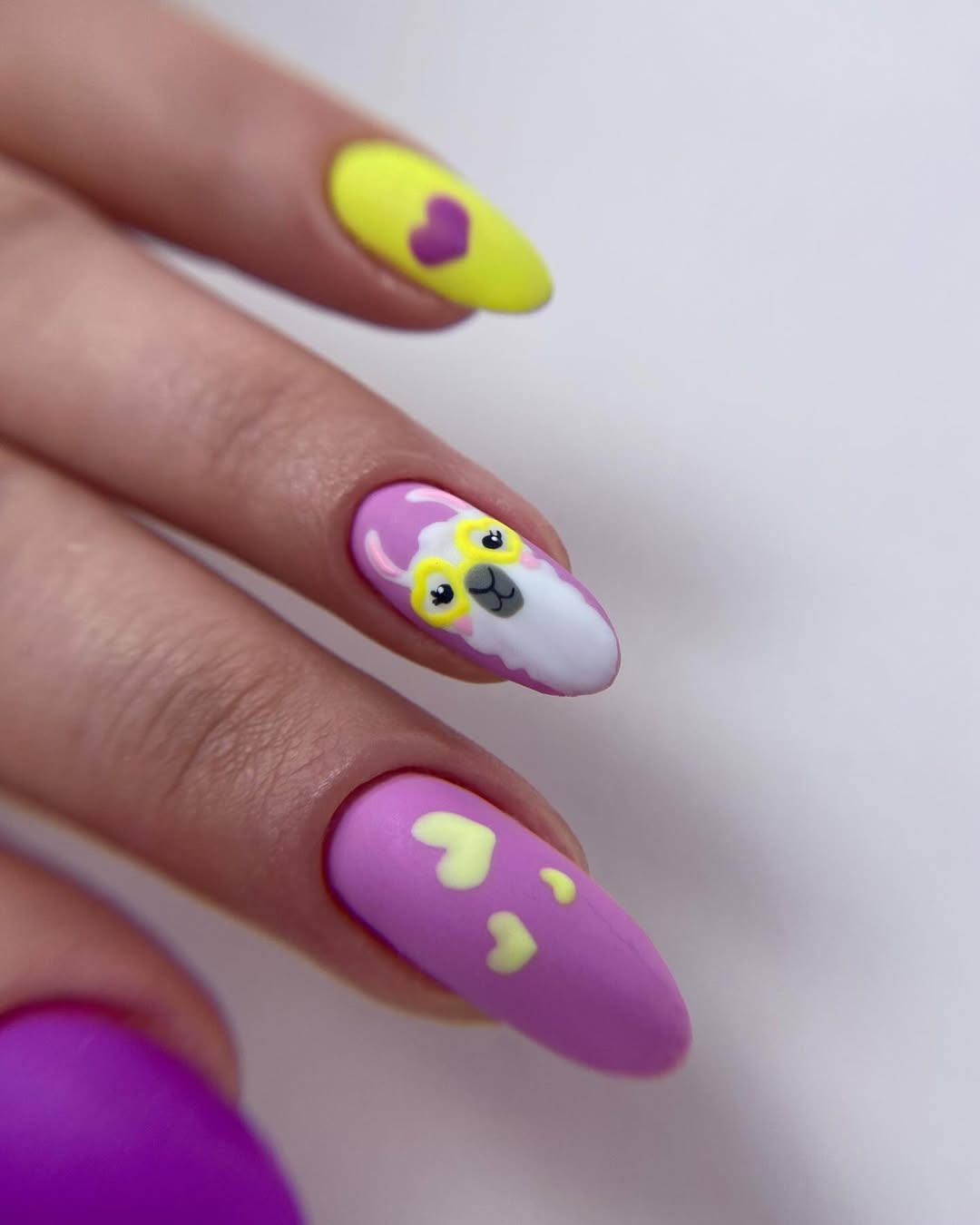Cute Llama Matte Purple and Yellow Nails