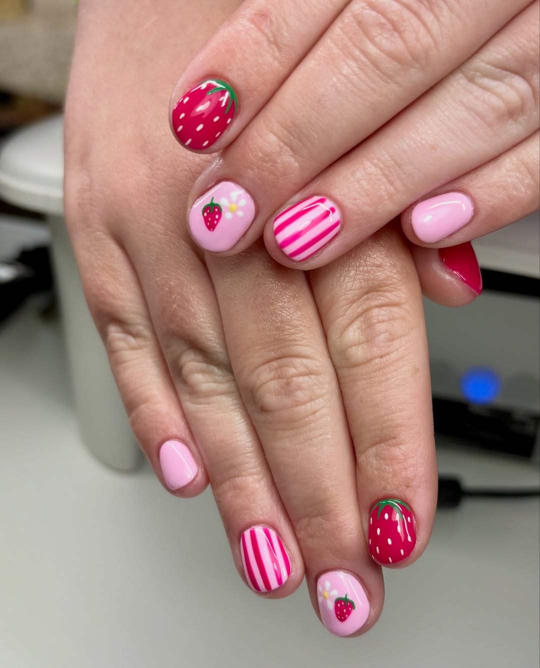 Cute Strawberry and Pink Stripe Short Nails