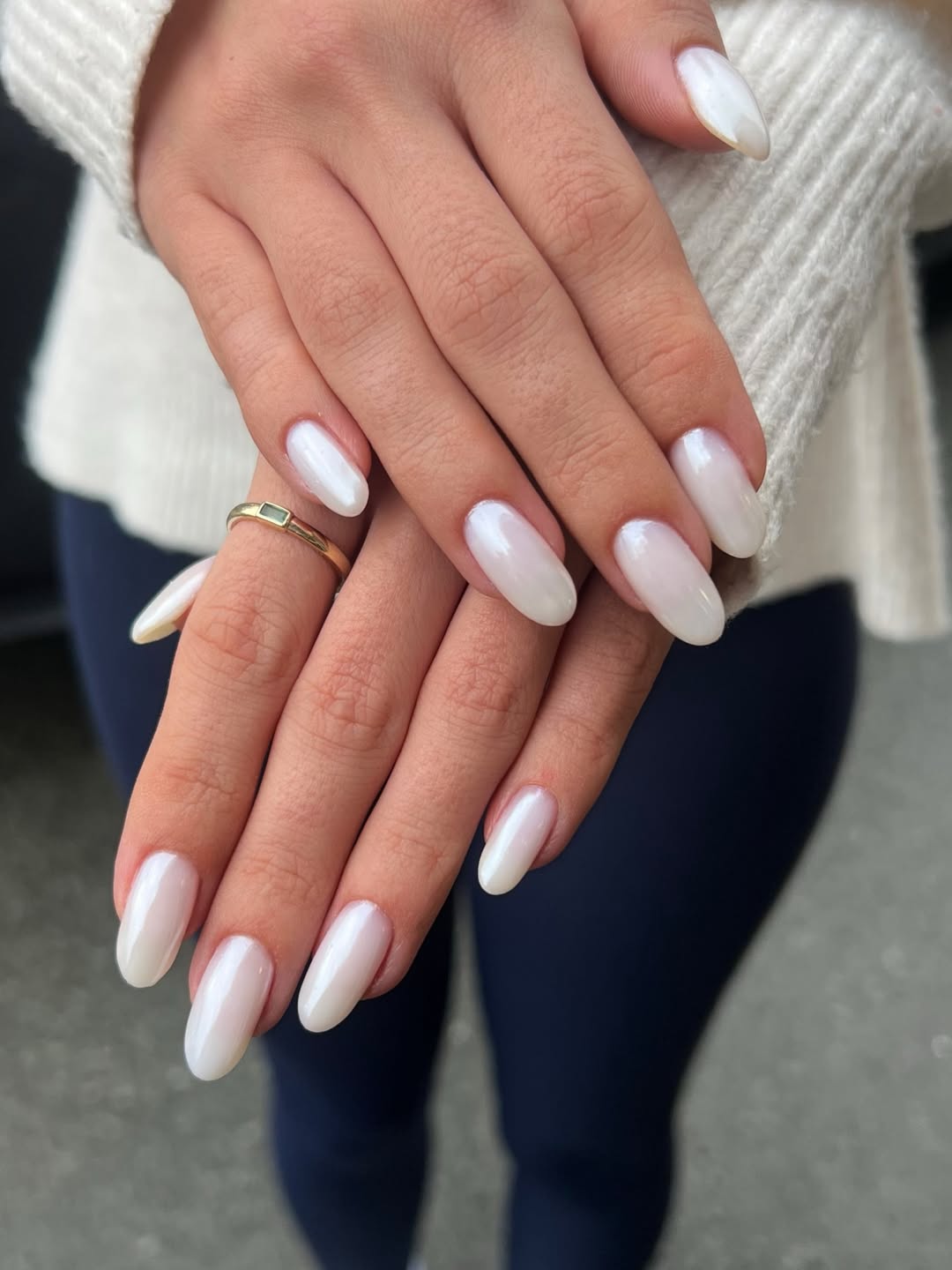 Dazzling Pearl White Chrome Oval Nails