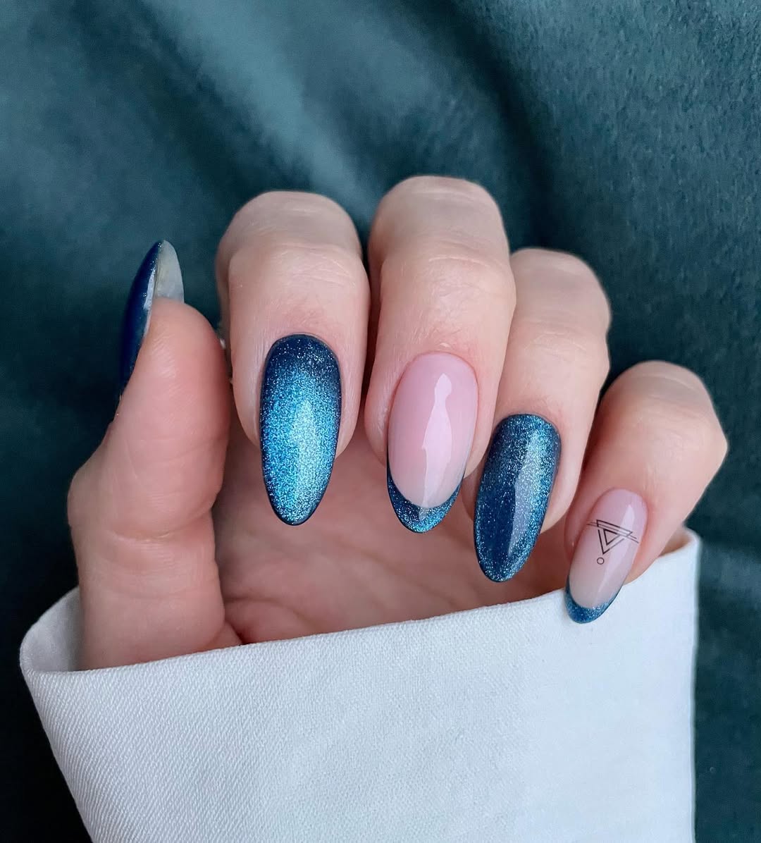 Deep Blue Magnetic French Almond Nails