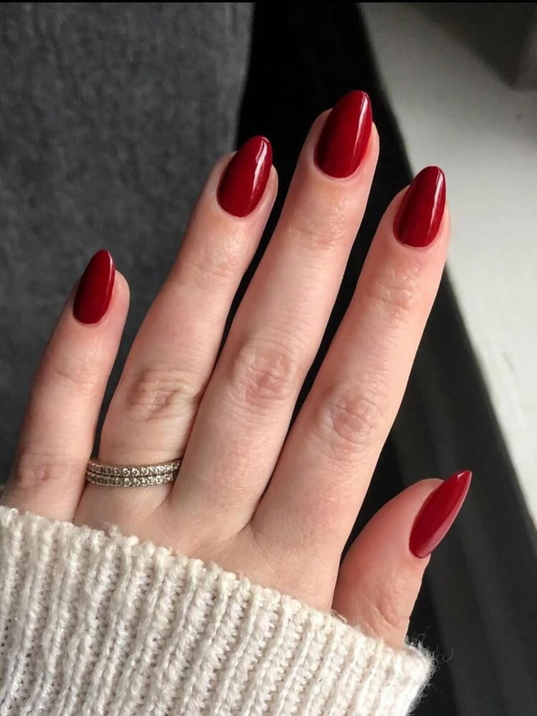 Deep Cherry Red High Gloss Oval Nails