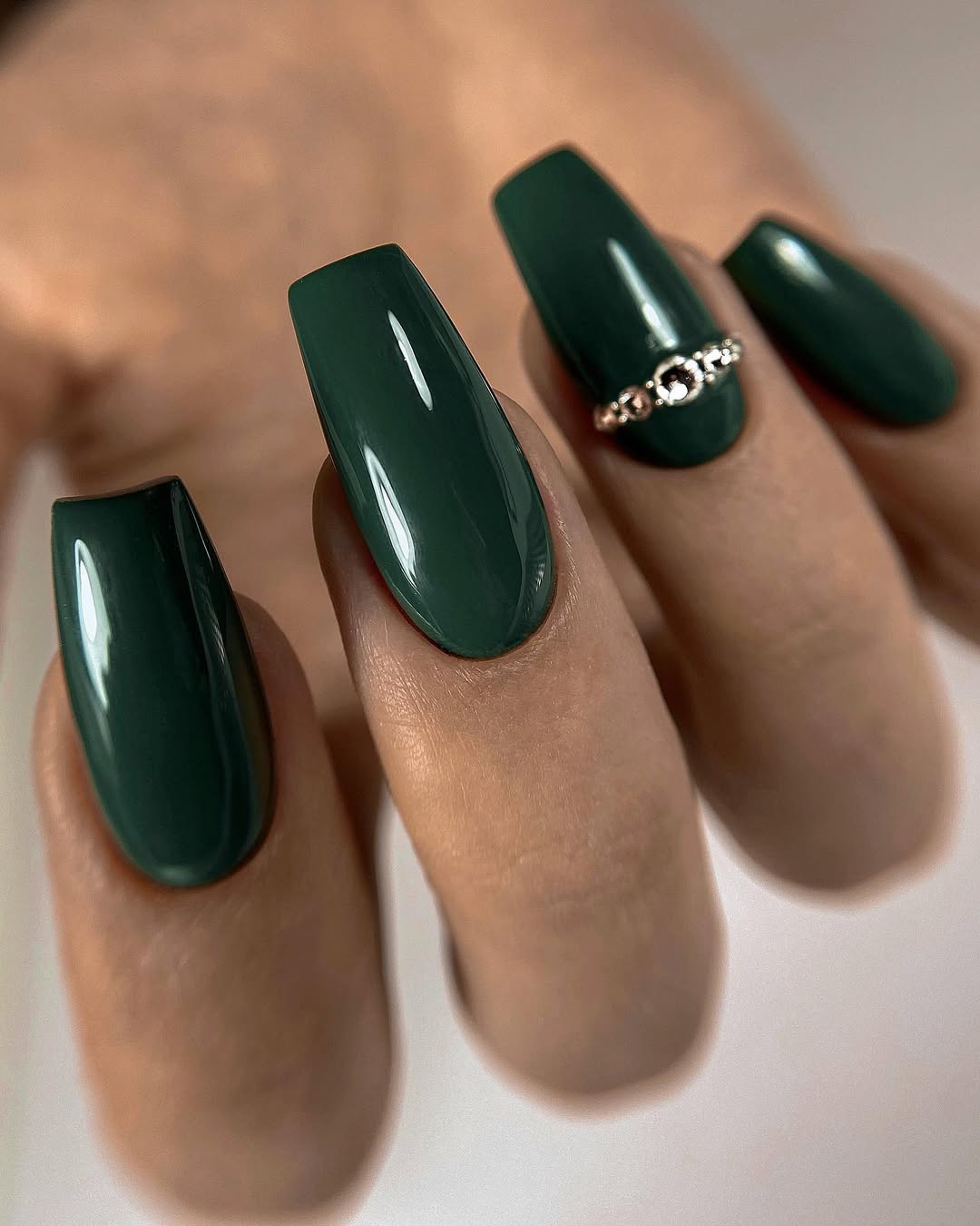Deep Emerald Ballerina Nails With Gold Accents