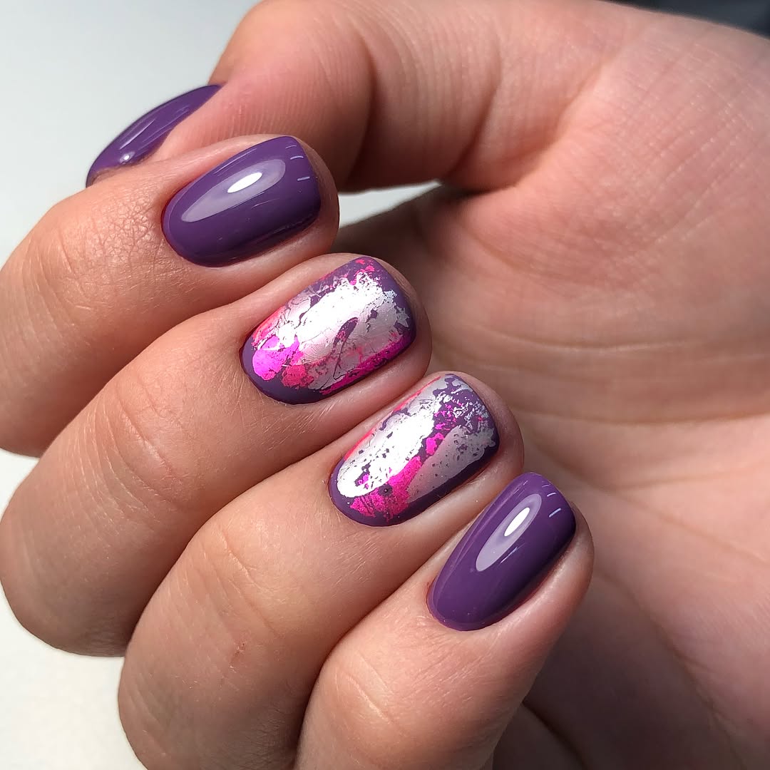 Deep Plum Chrome Foil Accent Nails