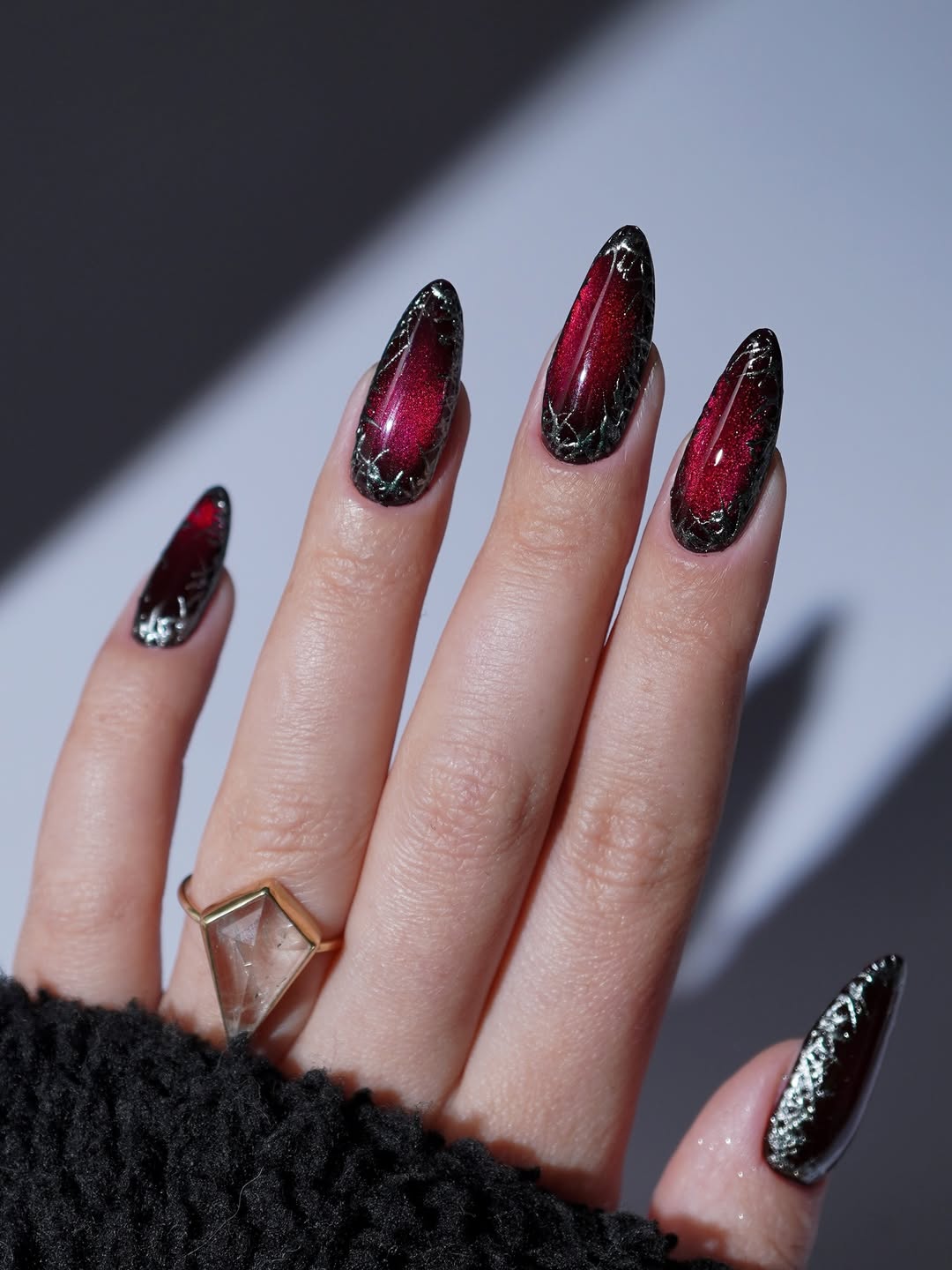 Deep Red Cat Eye Cobweb Accent Nails