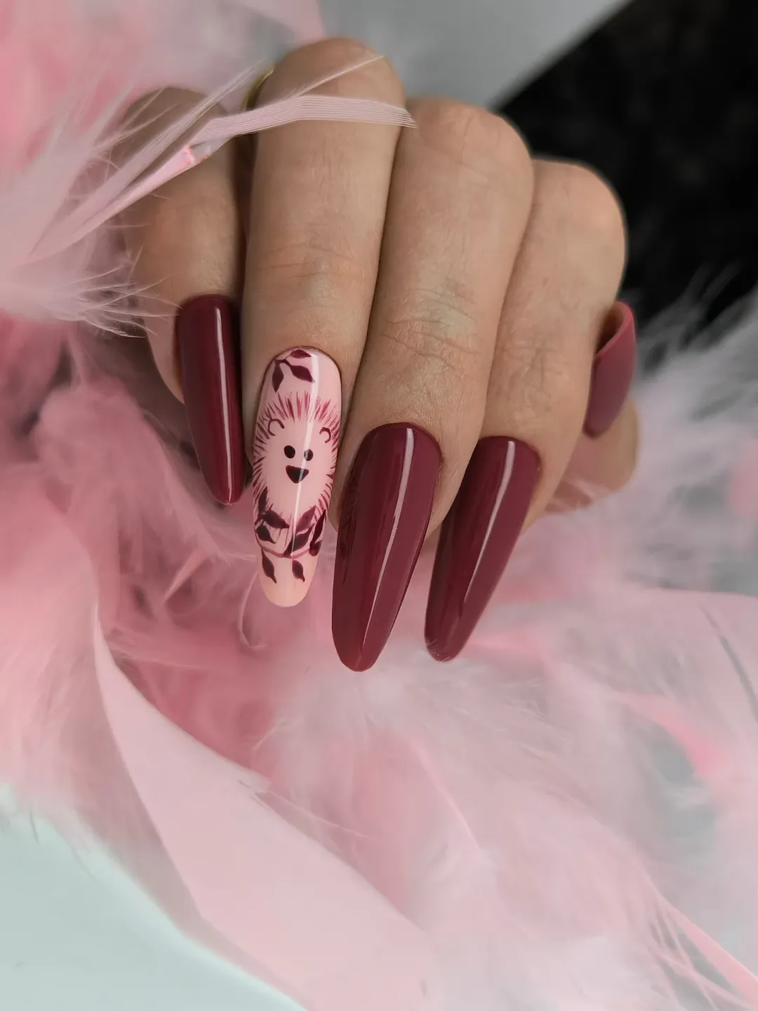 Deep Red Matte Stiletto Nails with Cute Hedgehog Art
