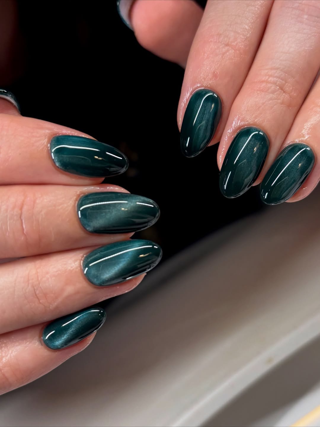 Deep Teal Cat Eye Oval Nails