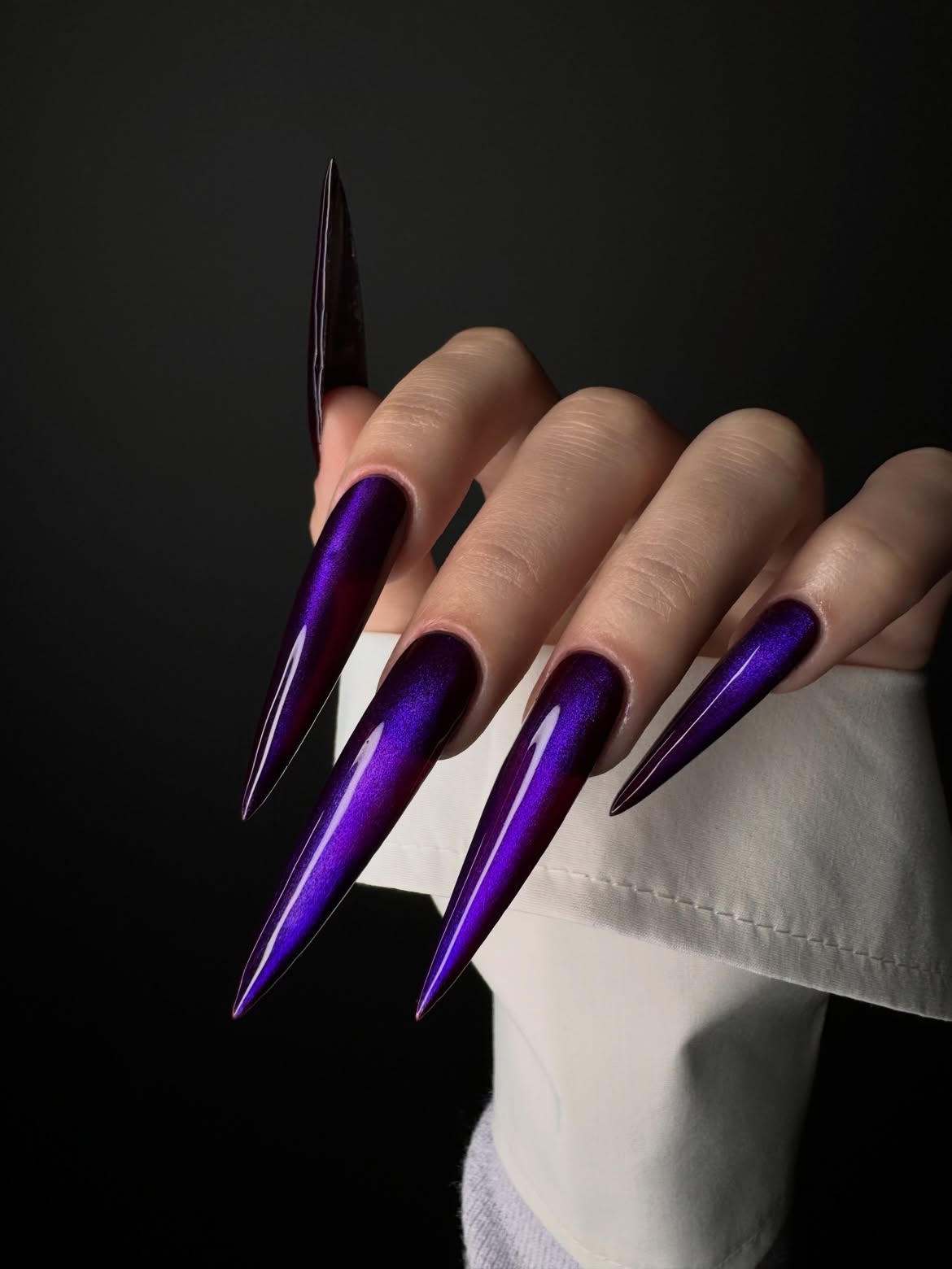 Deep Violet Cat Eye Stiletto Nails