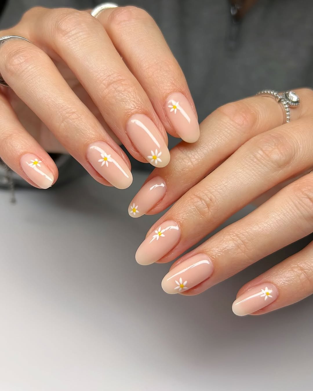 Delicate Daisy French Tip Almond Nails