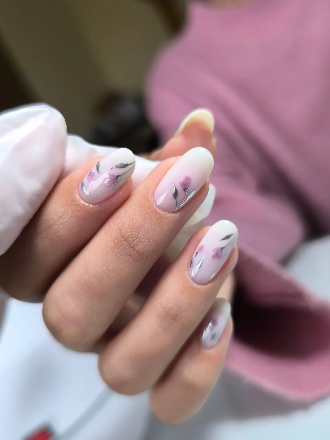 Delicate Floral French Ombre Almond Nails