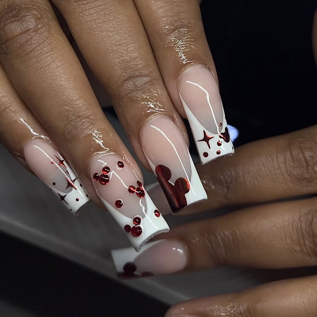 Disney Red Sequin French Tips Long Coffin