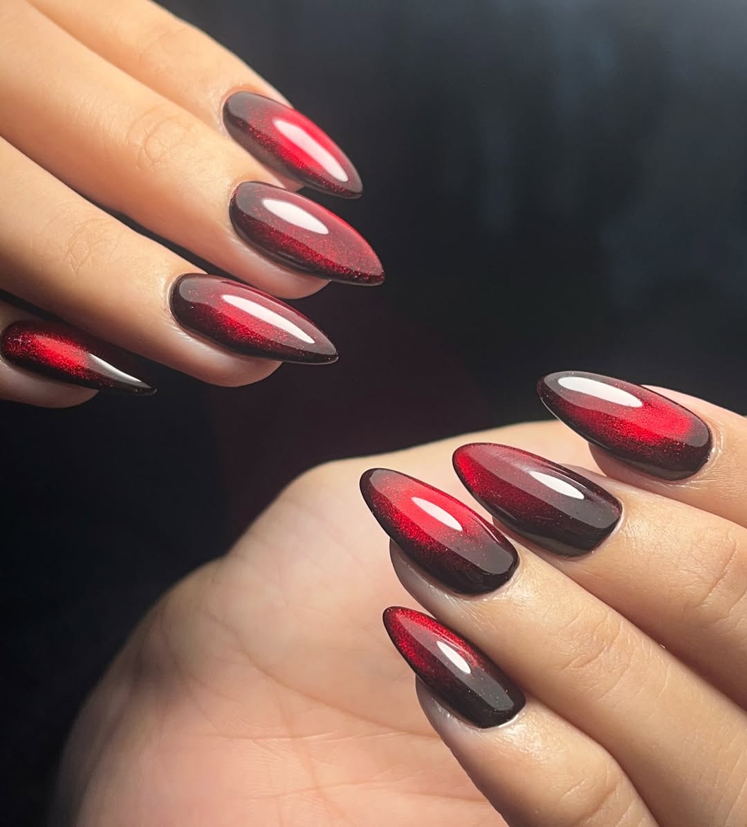 Dramatic Red And Black Cat Eye Stiletto Nails
