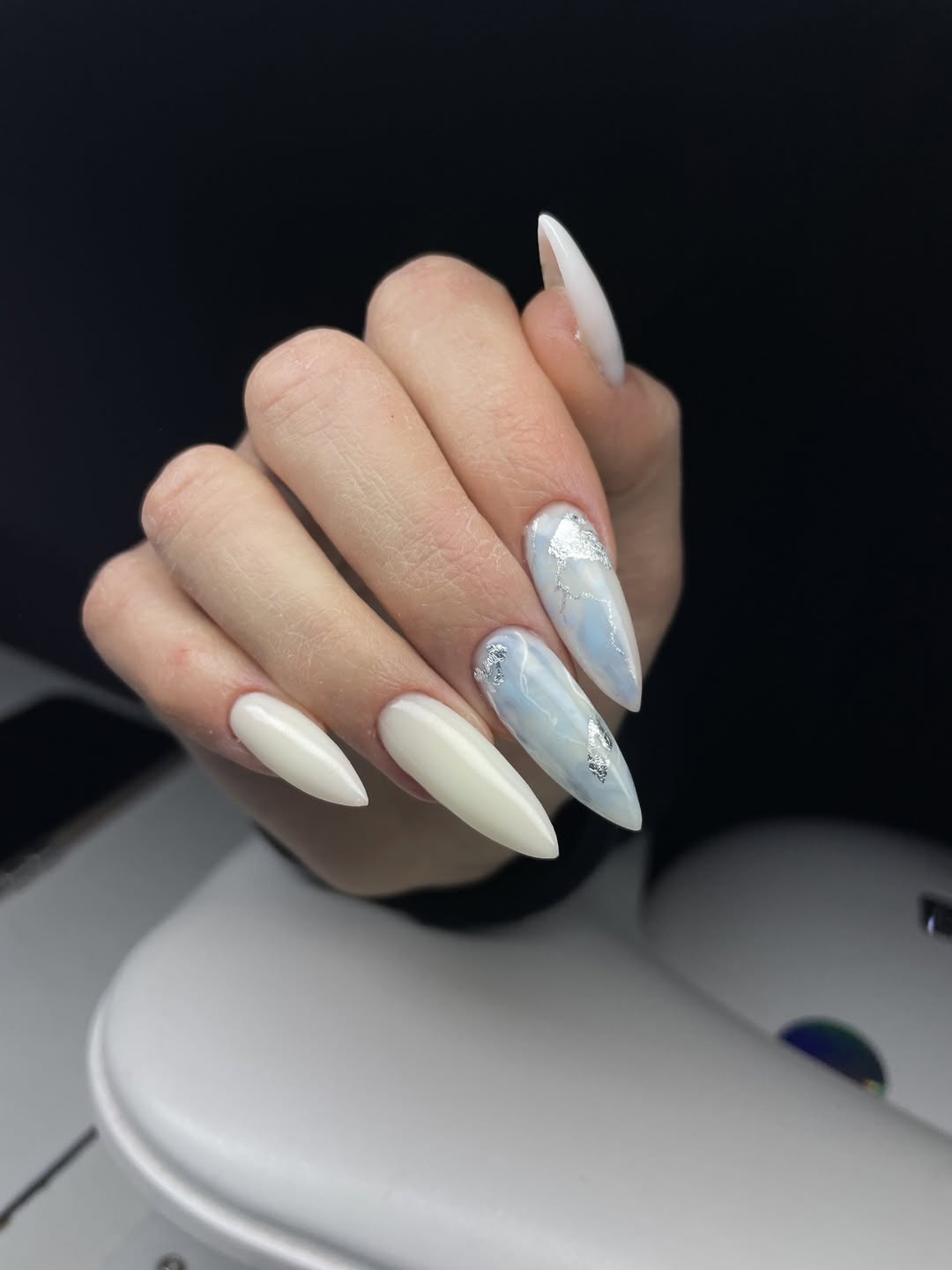 Dreamy Sky Blue Foil Stiletto Nails