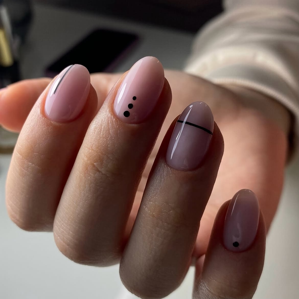 Elegant Milky Pink Abstract Line Art Nails