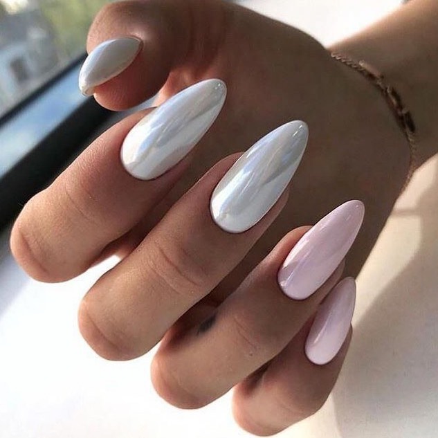 Elegant Pearl Chrome and Baby Pink Almond Nails