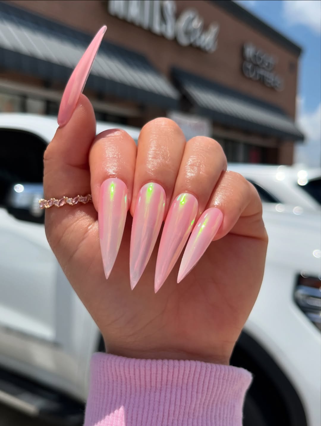 Extra Long Pink Iridescent Stiletto Chrome Nails