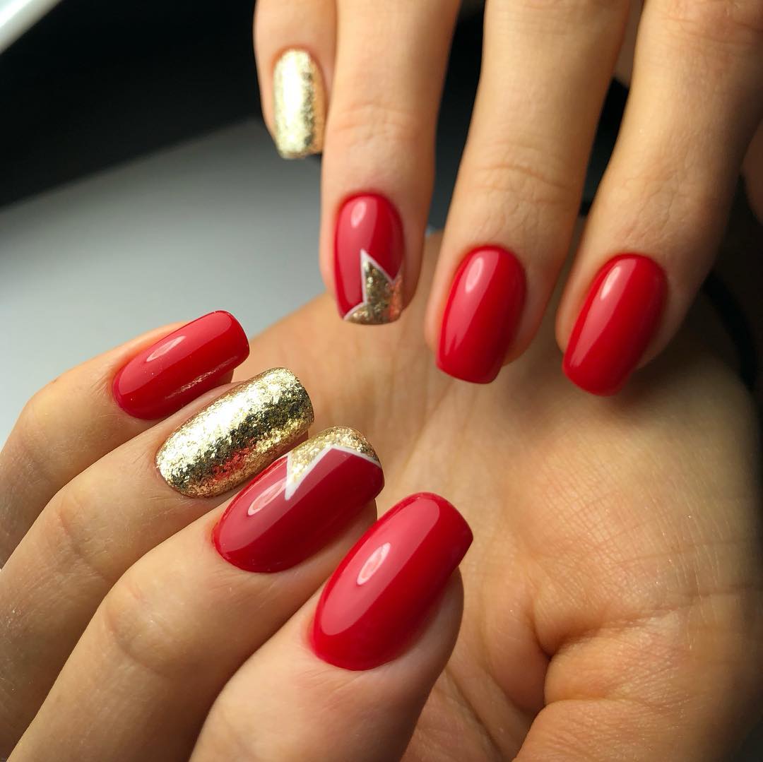 Fiery Red and Gold Foil Star Nails