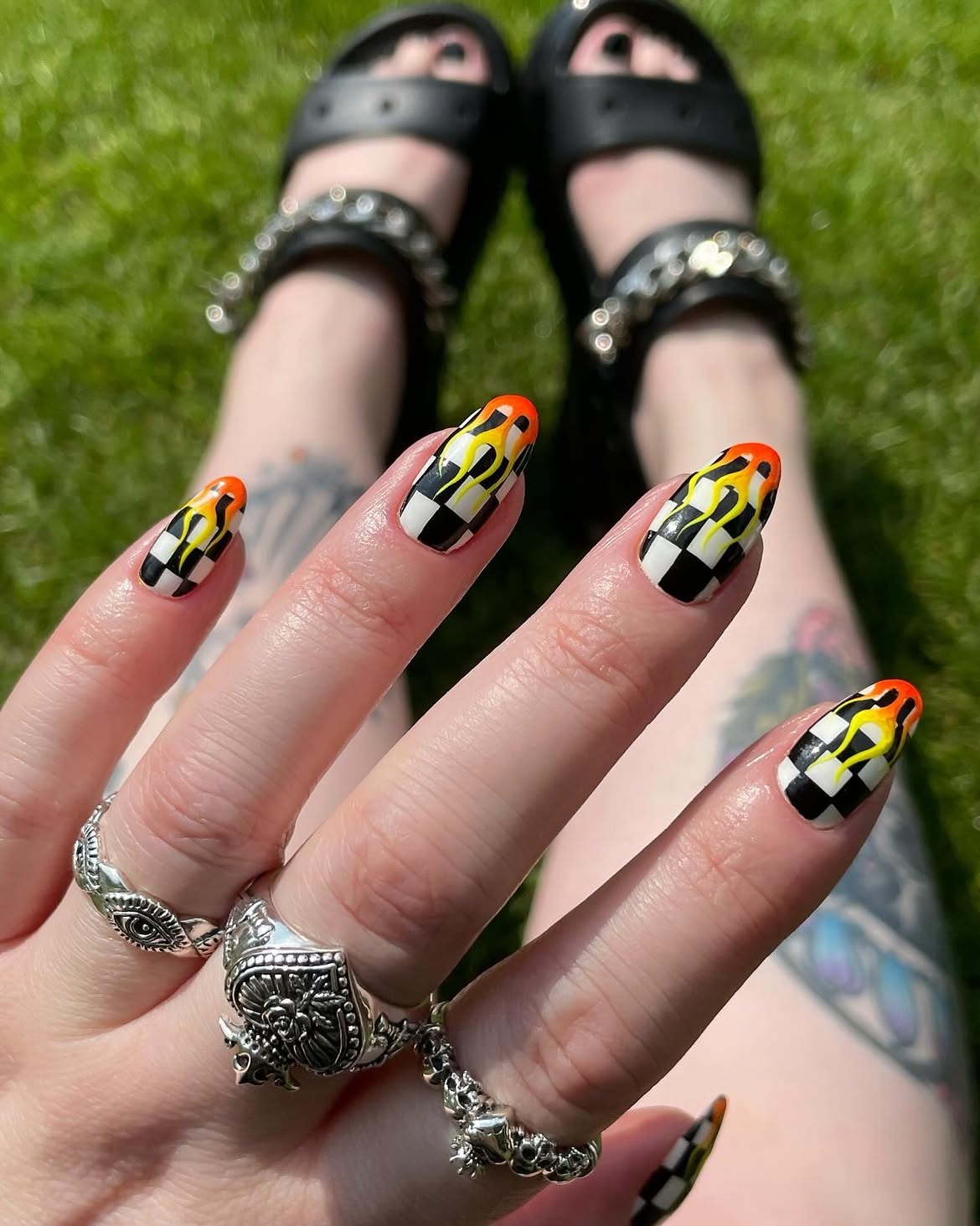 Fire Checkerboard Flame Almond Nails