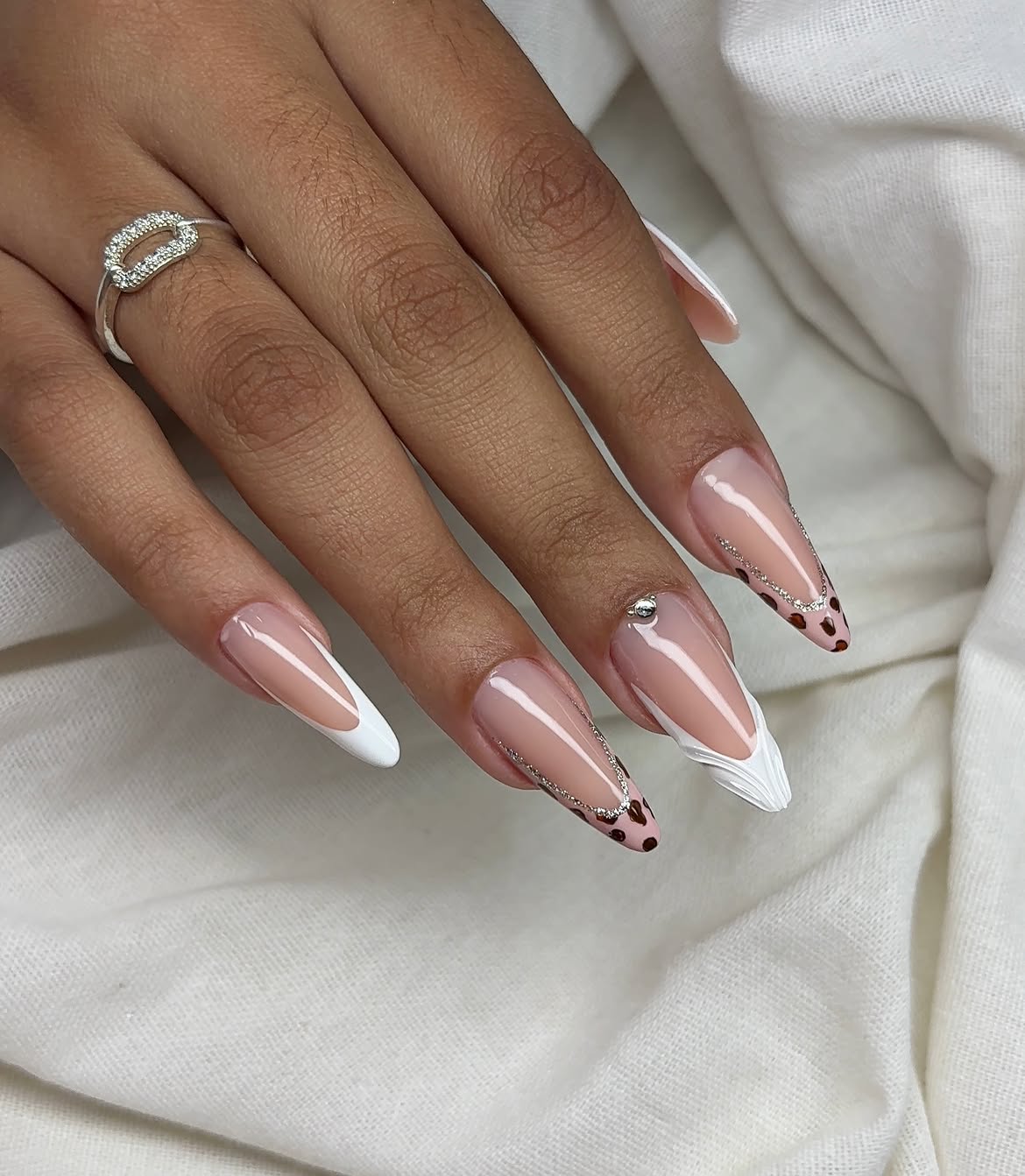 French Tip Stiletto Nails with Leopard Accents