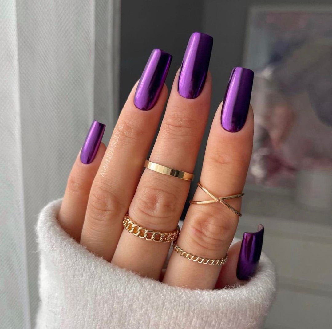 Galactic Chrome Purple Long Square Nails