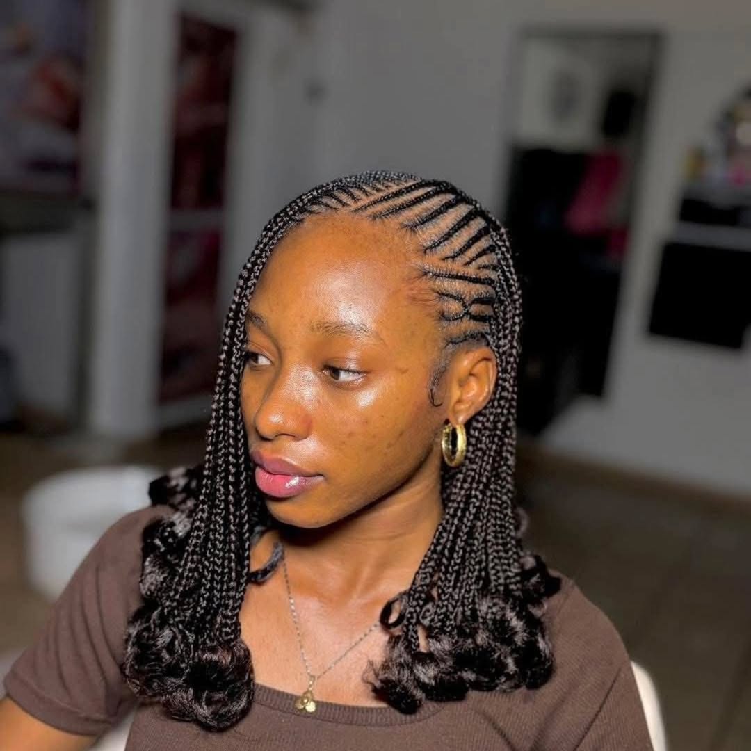 Geometric Cornrows with Curly Braids Bob