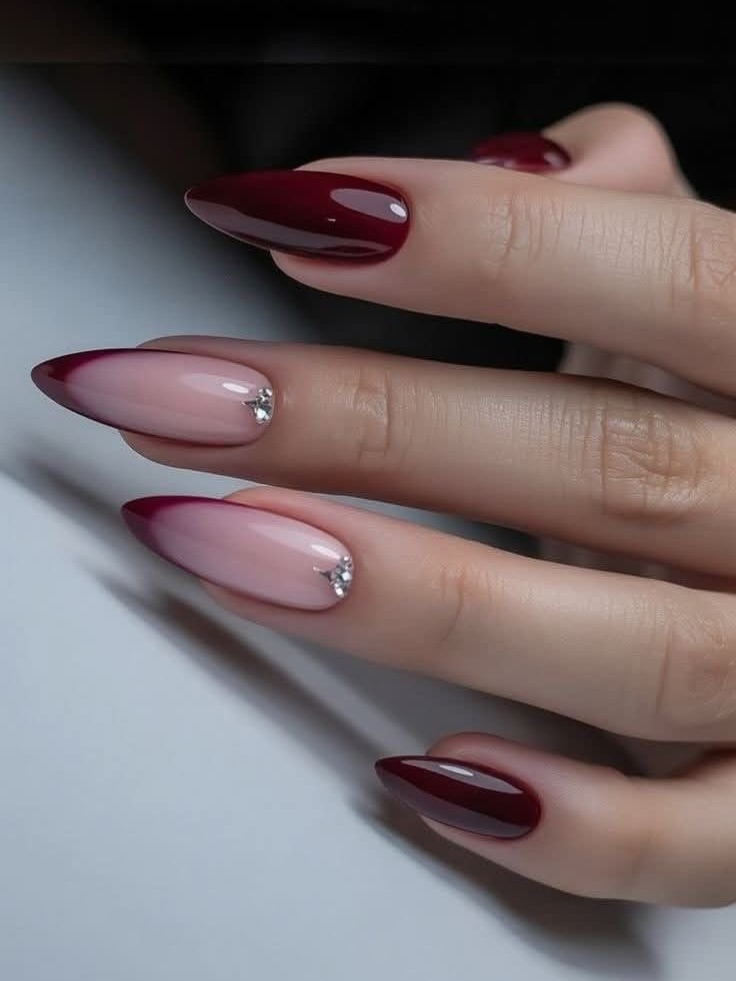 Glam Burgundy Ombre Almond Nails With Rhinestones