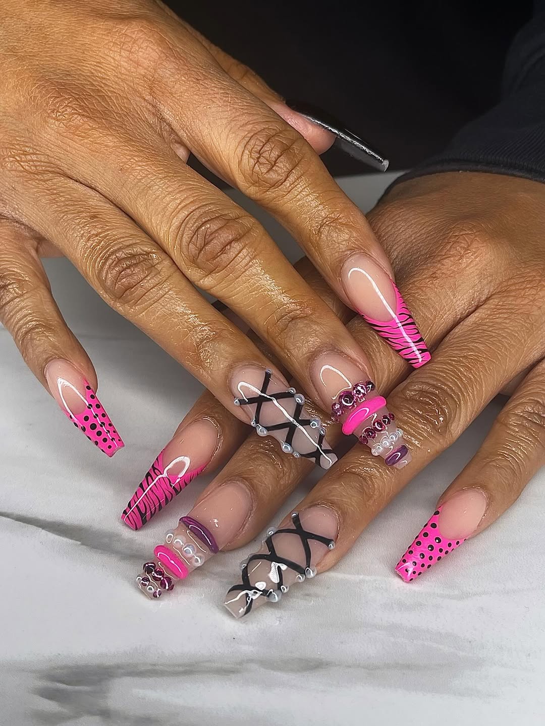 Glam Goth Pink Leopard Lace Coffin Nails