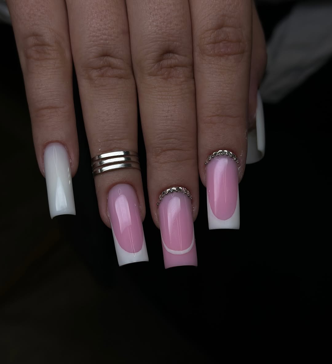 Glam Pink French Tips with Silver Pearl Accents