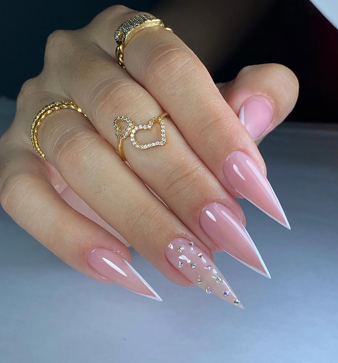 Glamorous Pink Stiletto French Nails With Rhinestones