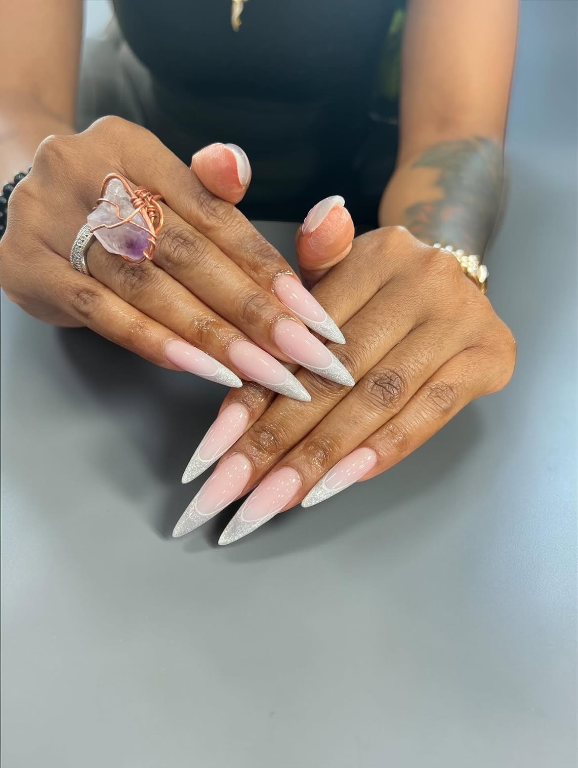 Glitter French Stiletto Nails with Pink Sheer Base