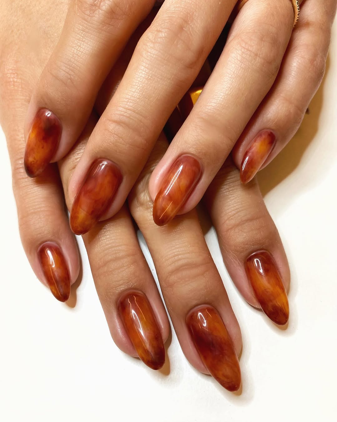 Glossy Amber Tortoiseshell Almond Nails
