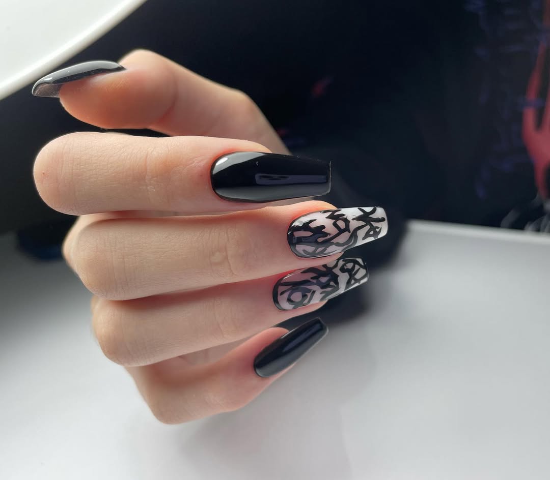 Glossy Black Coffin Nails With Abstract Art