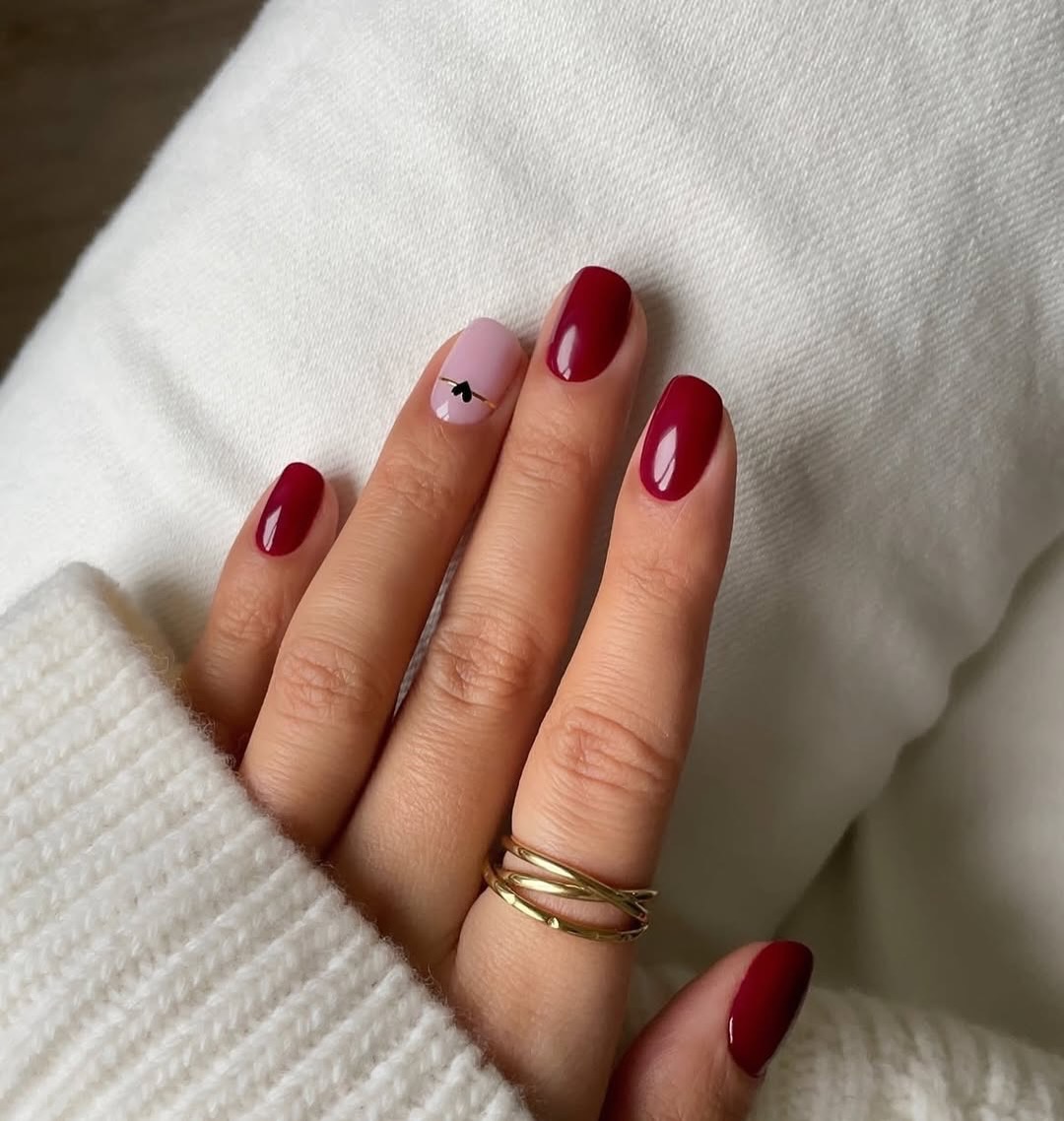 Glossy Burgundy And Pink Heart Detail Nails