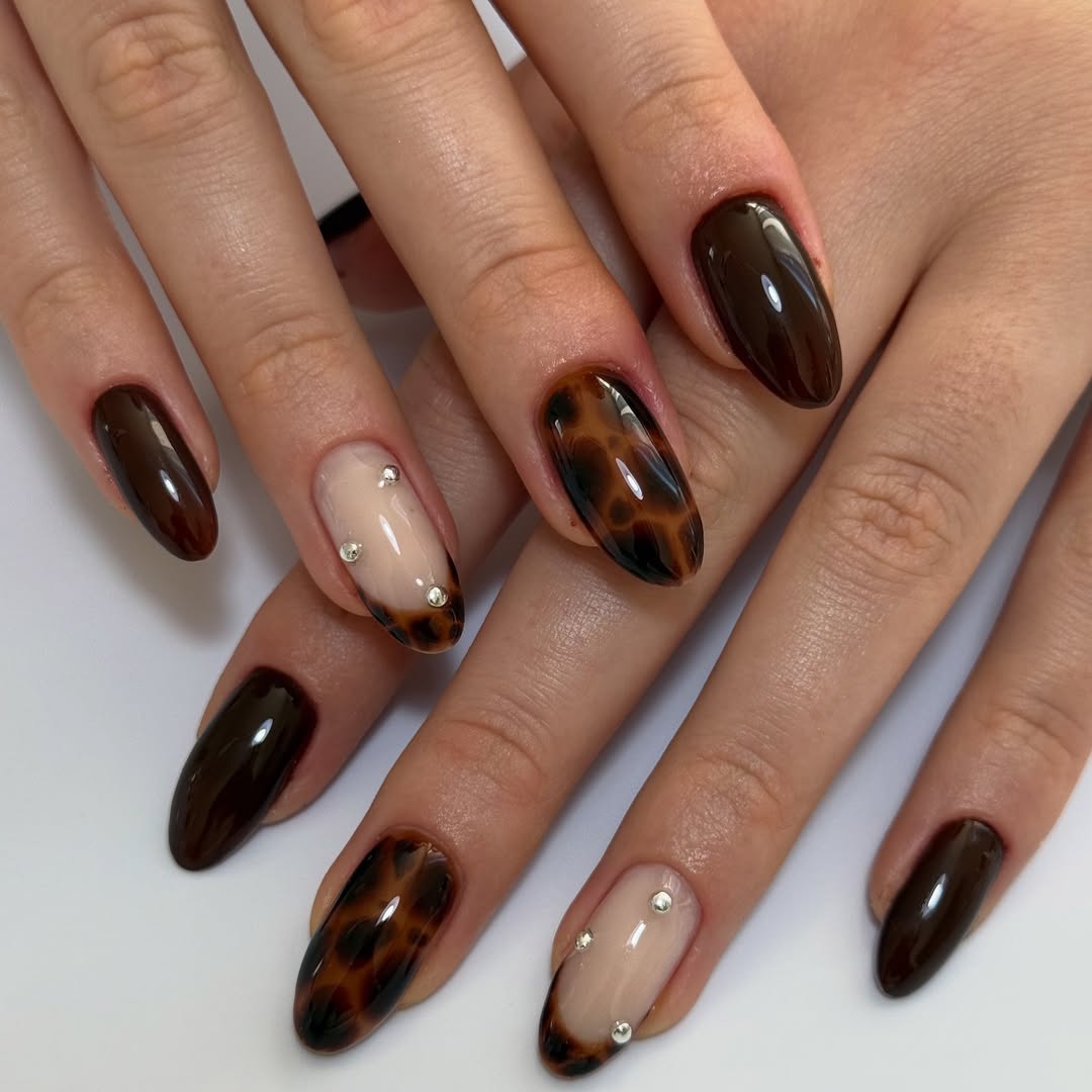 Glossy Chocolate Tortoise Almond Nails with Rhinestones