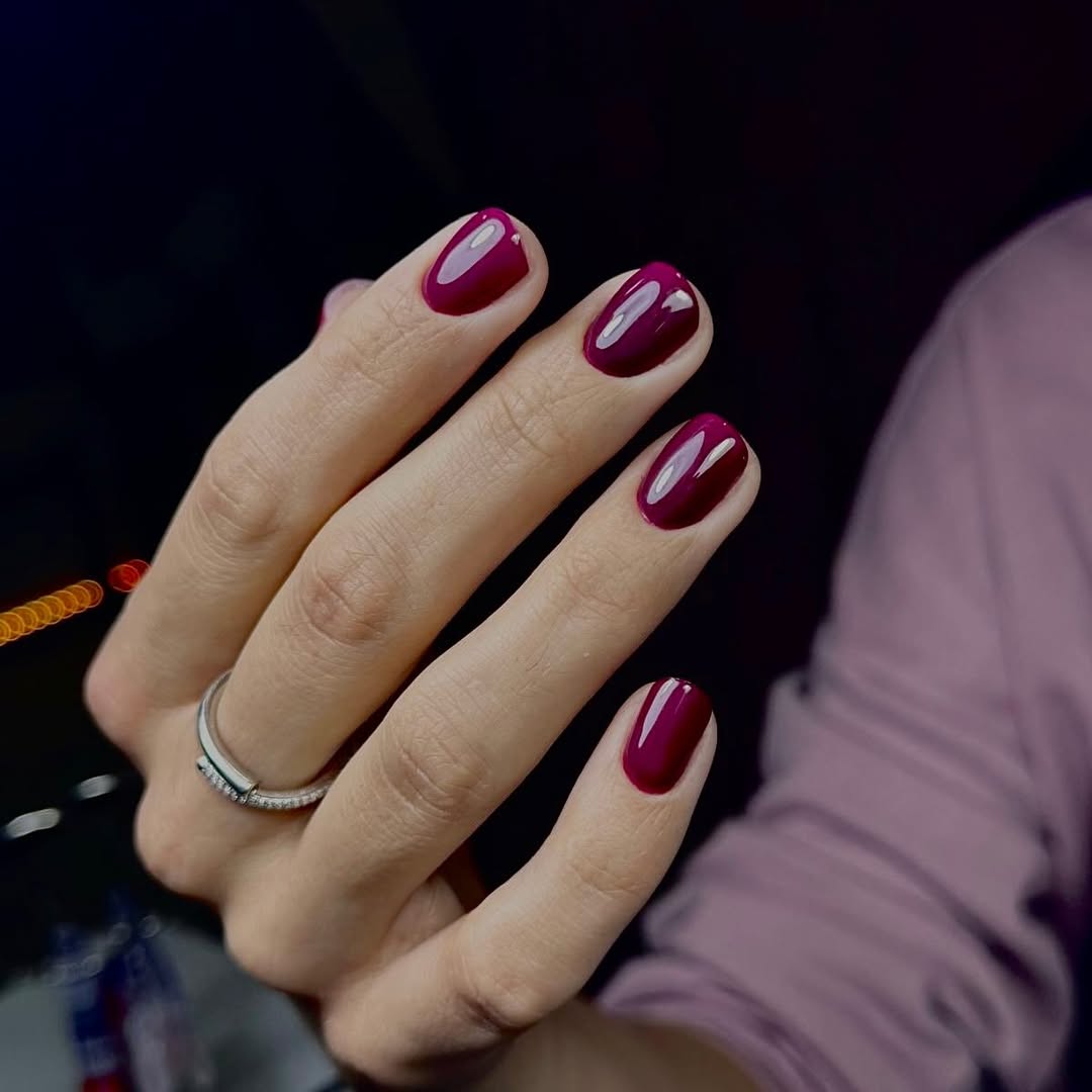 Glossy Deep Berry Oval Nails