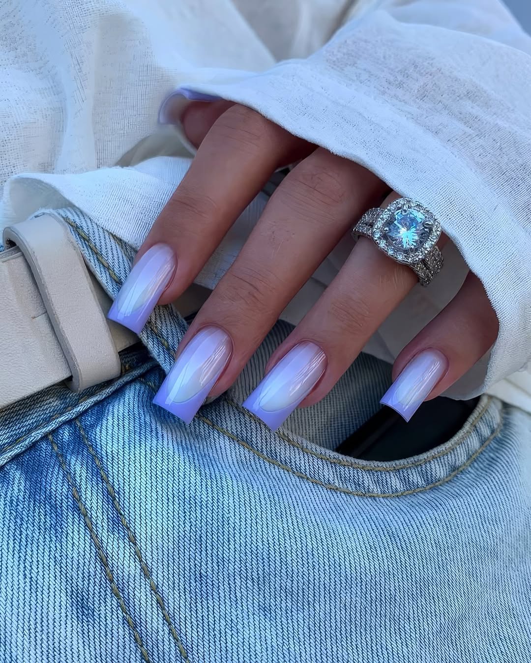 Glossy Lavender Chrome Long Coffin Nails